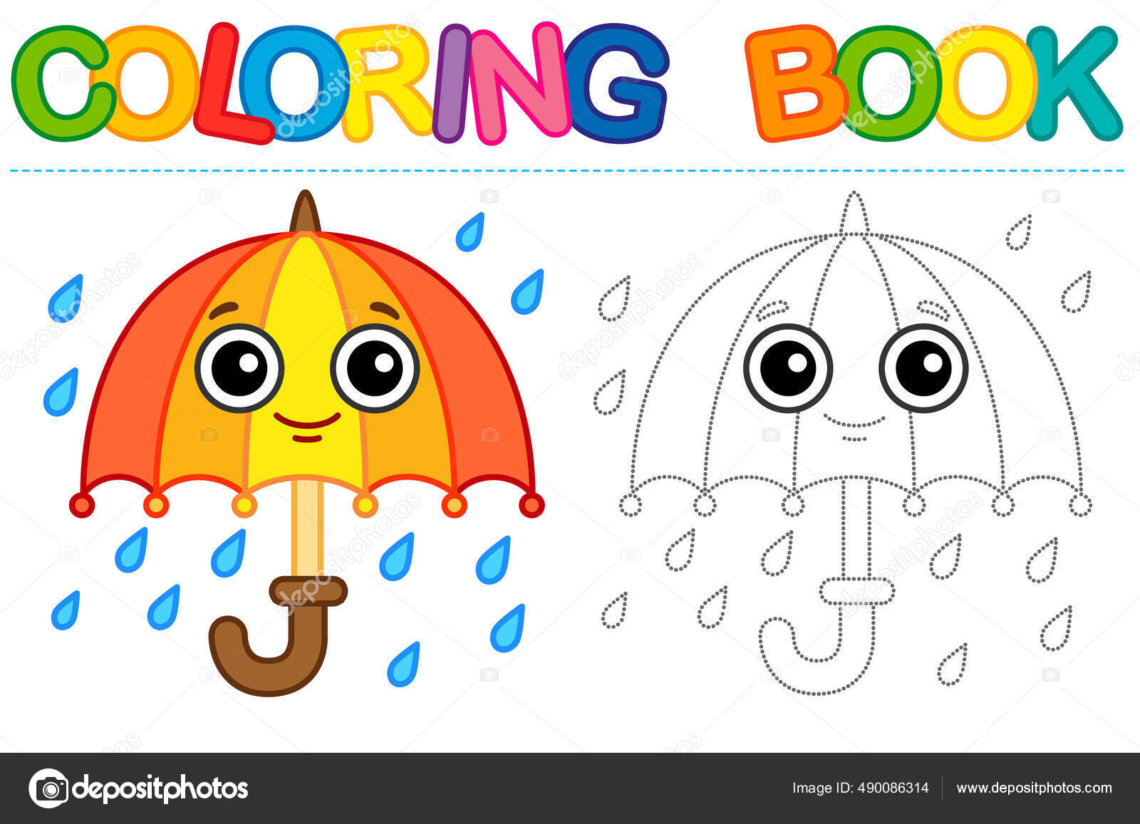 Coloring page funny smiling umbrella rain educational tracing coloring book stock vector by natasha