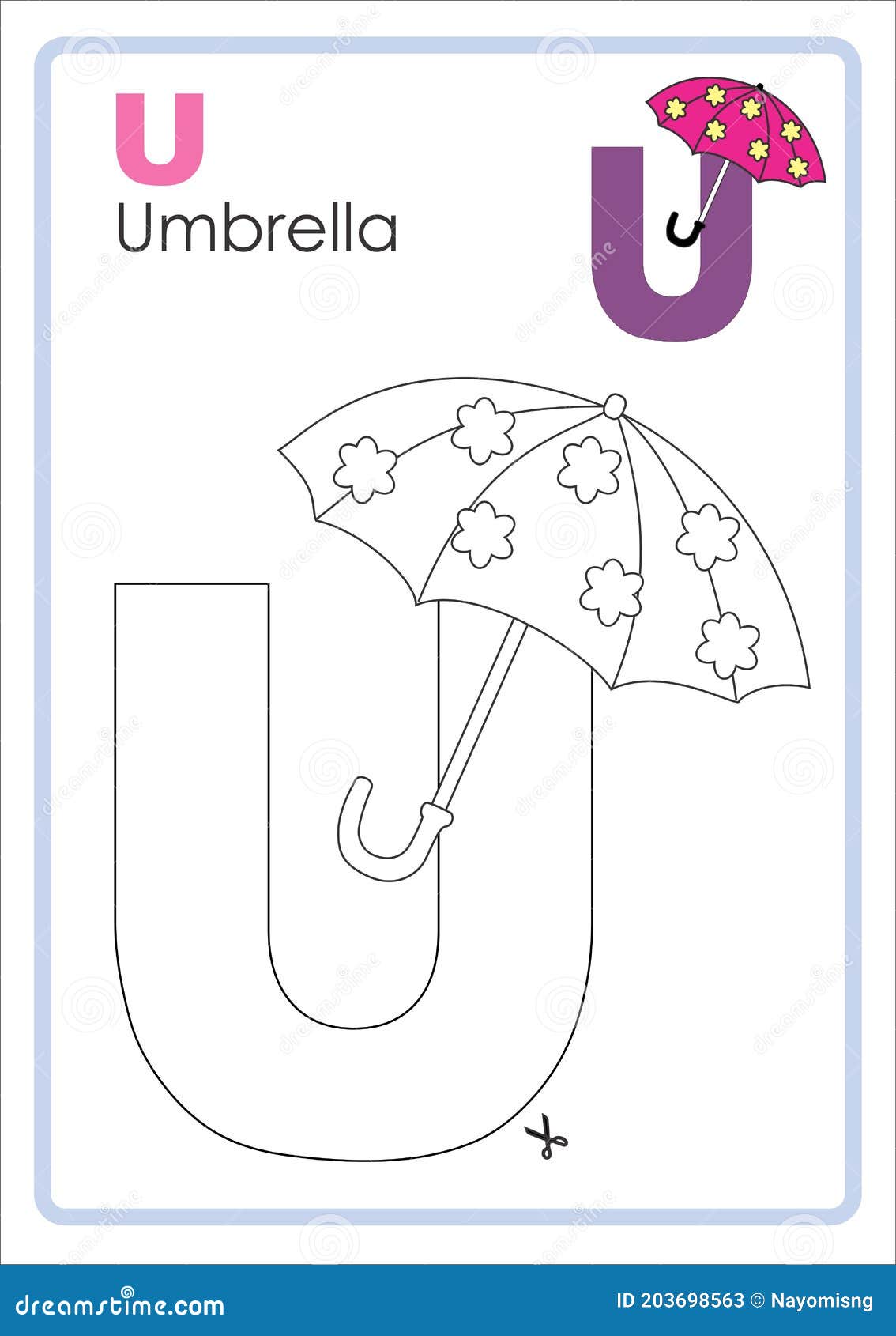 Alphabet picture letter u colouring page umbrella craft stock illustration
