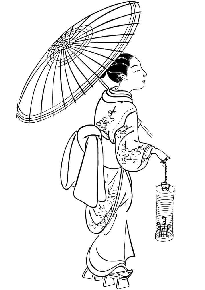Jappan girl holding umbrella coloring page