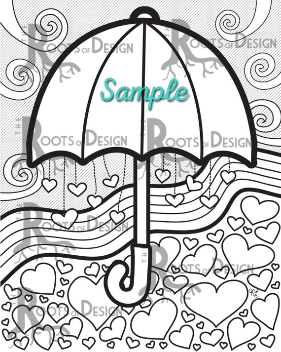 Instant download coloring page heart umbrella art coloring print zentangle inspired doodle art printable