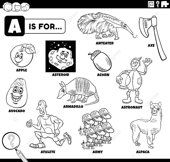 Dibujo de conjunto pãginas educativas para colorear niãos palabras que ienzan con la letra a vector png dibujos dibujo de gato dibujo de trella dibujo de anillo png y vector para dcargar