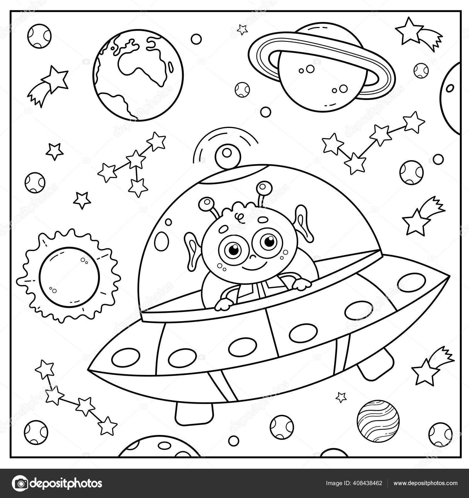 Pãgina para colorear esquema platillo volador dibujos animados con extraterrestres vector de stock por oleon