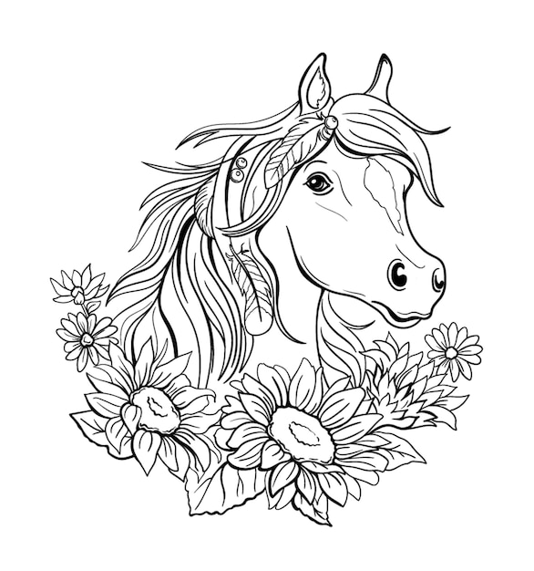 Premium vector horse with sunflowers coloring page isolated outline for coloring book line art white and black