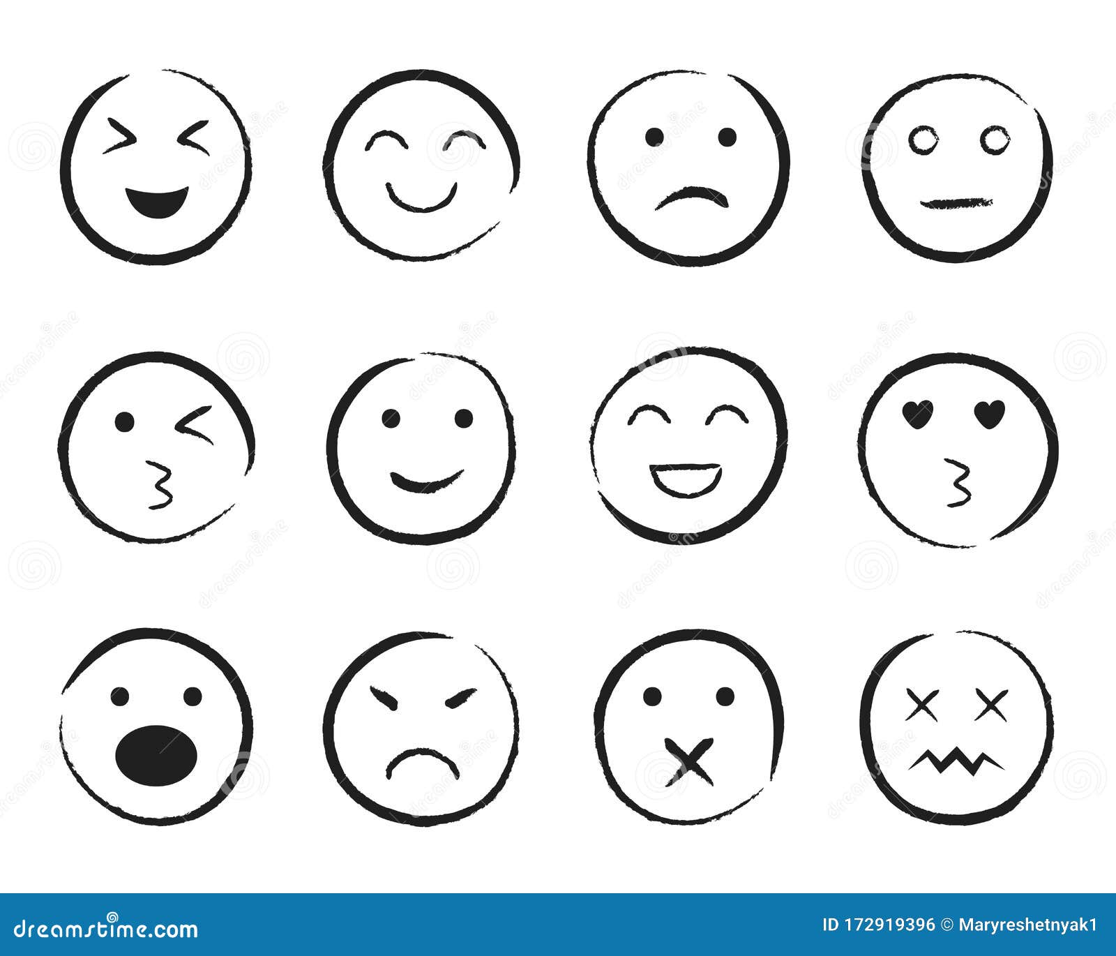 Conjunto de tilos dibujados a mano de cara feliz dibujar un icono sonriente triste enojado emoji emoticono para los medios so ilustraciãn del vector