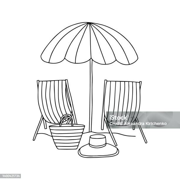 Hand drawn coloring page with beach chair and umbrella stock illustration
