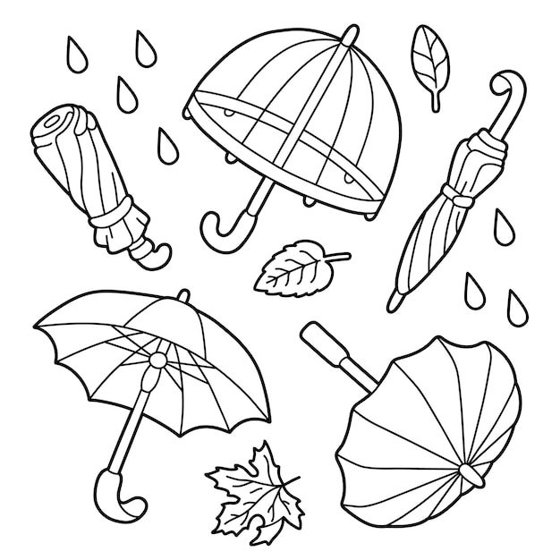 Premium vector a black and white coloring page drawing of umbrellas and leaves