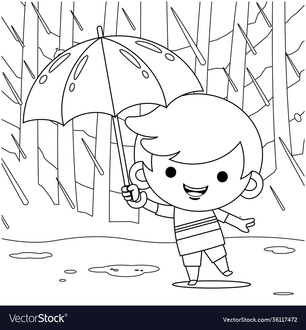 Cute boy hiding under umbrella coloring book vector image