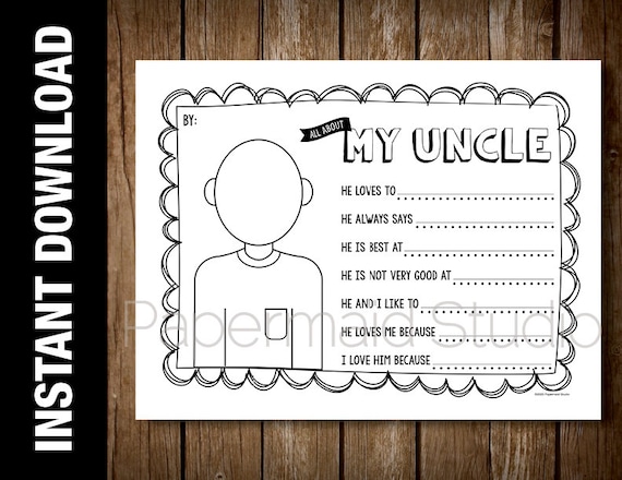 Printable uncle portrait coloring sheet and questionnaire gift card all about my uncle birthday gift for uncle christmas diy