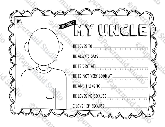 Printable uncle portrait coloring sheet and questionnaire gift card all about my uncle birthday gift for uncle christmas diy