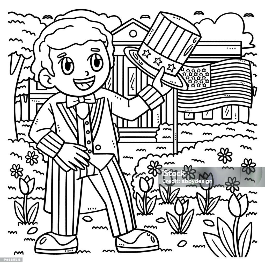 Th of july boy wearing uncle sam outfit coloring stock illustration