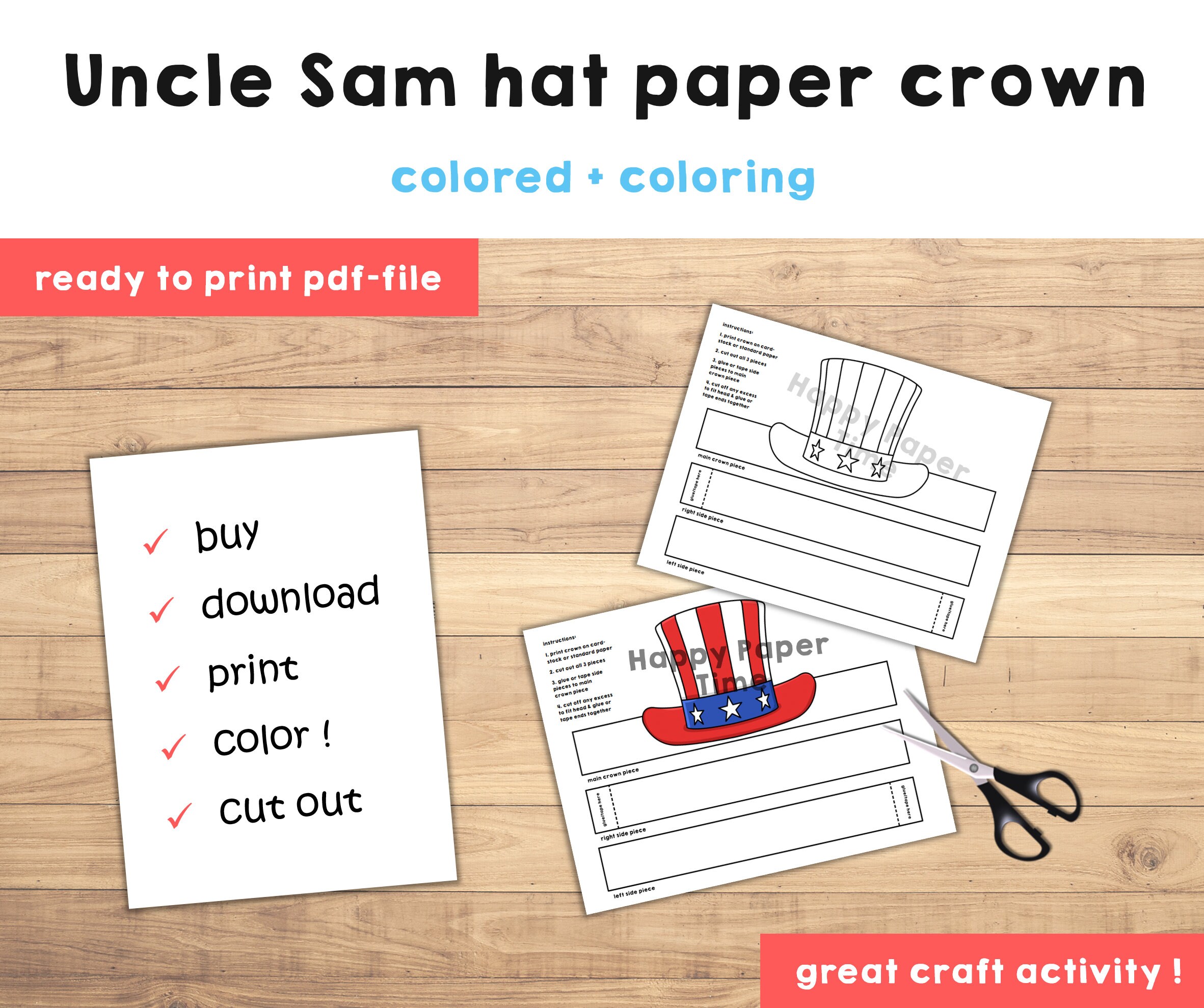 Uncle sam hat paper crown party coloring printable kids craft america th july party favor birthday decor pdf costume diy instant download
