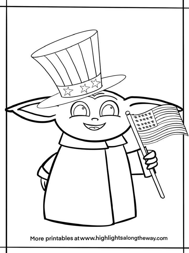 Patriotic baby yoda coloring sheet