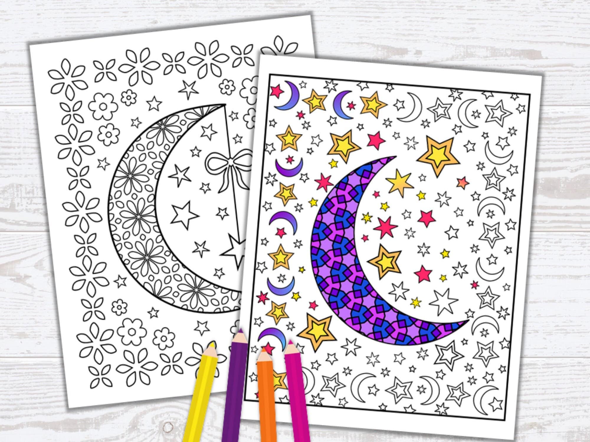 Moon and star coloring pages moon adult coloring book relaxing coloring pages to print crescent moon design pdf printable download