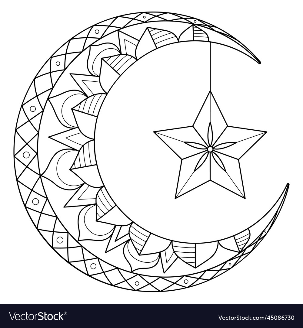 Ramadan crescent moon with star isolated coloring vector image