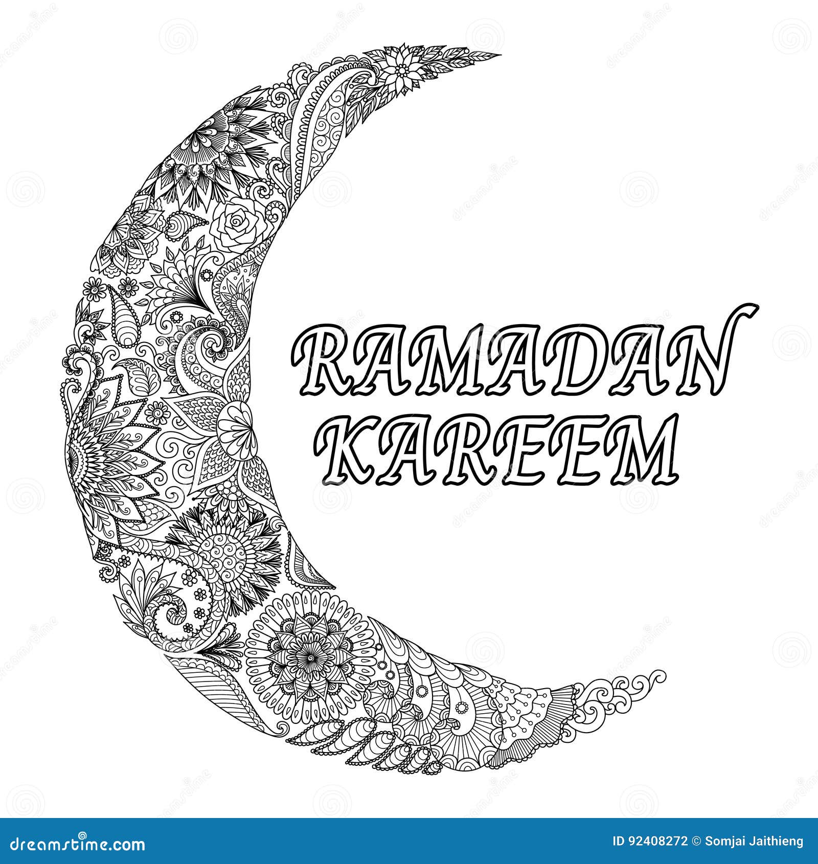 Beautiful flowers laying in the shape of crescent moon with the text ramadan kareen for coloring book page print card invitatio stock vector