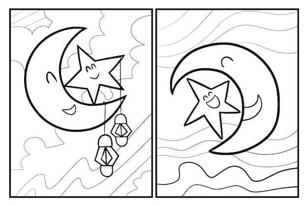 Premium vector funny ramadan moon and star coloring page