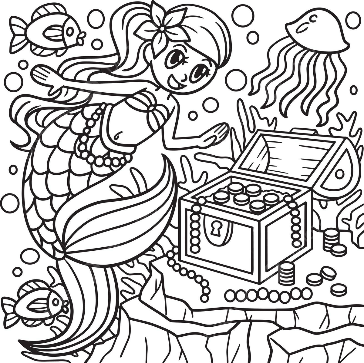 Mermaid with treasure box coloring page fantasy swimming coloring book vector book drawing mermaid drawing swimming drawing png and vector with transparent background for free download