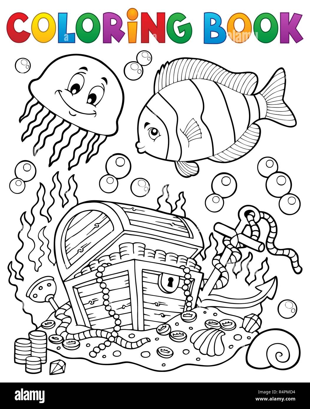 Coloring book treasure chest underwater stock photo