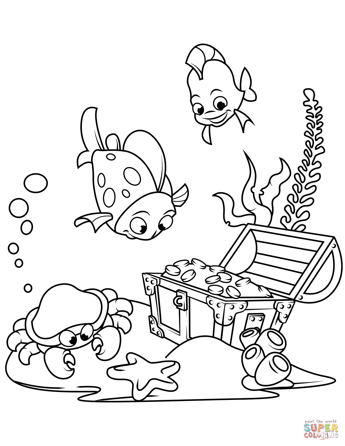 Treasure chest on the bottom of the sea coloring page free printable coloring pages