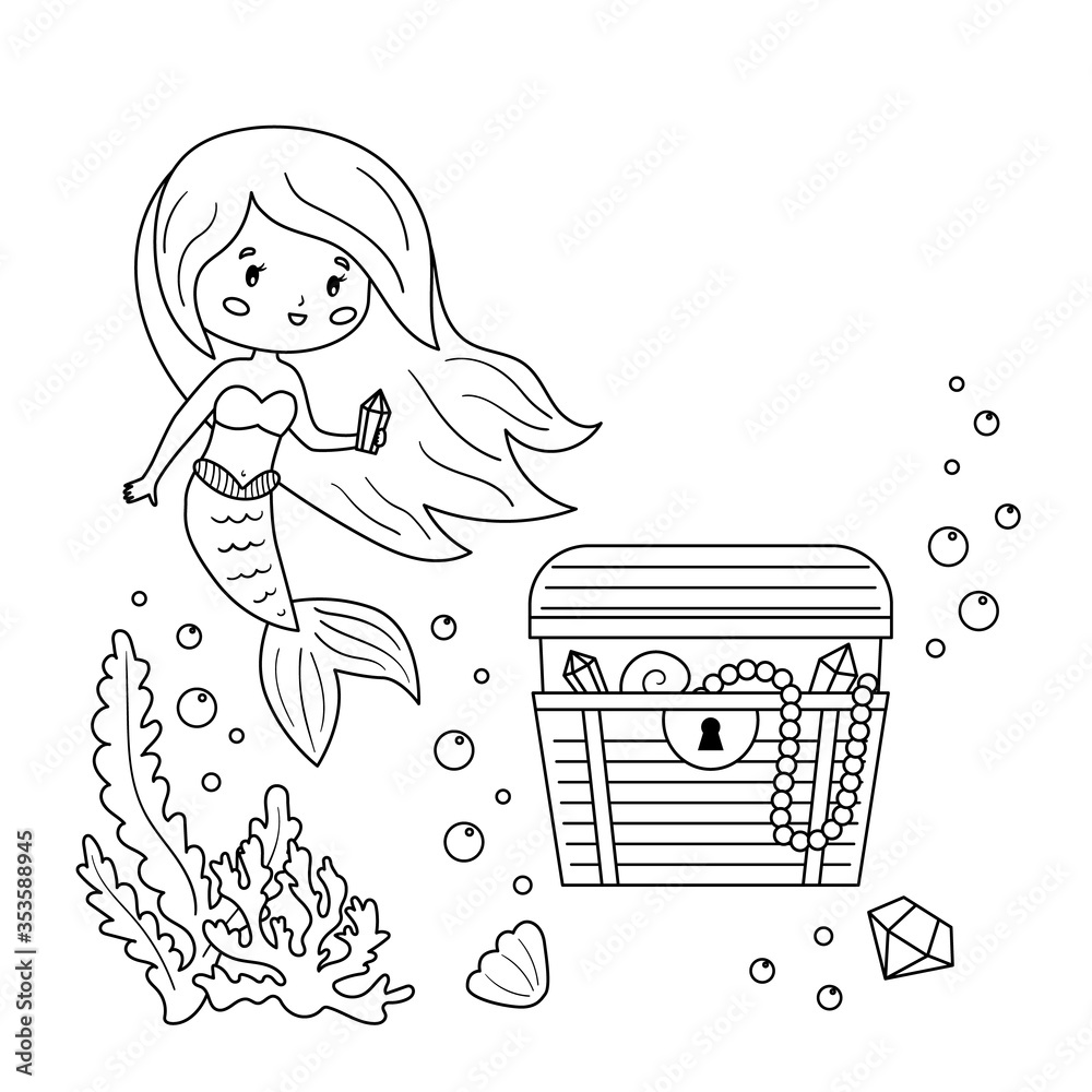 Coloring page for children cute cartoon mermaid with underwater treasure chest vector kawaii character vector