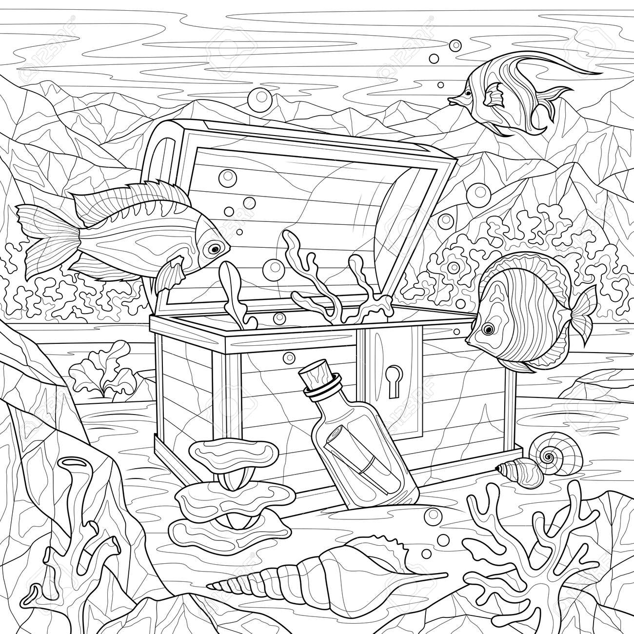 Underwater world chest and fish coloring book antistress for children and adults royalty free svg cliparts vectors and stock illustration image