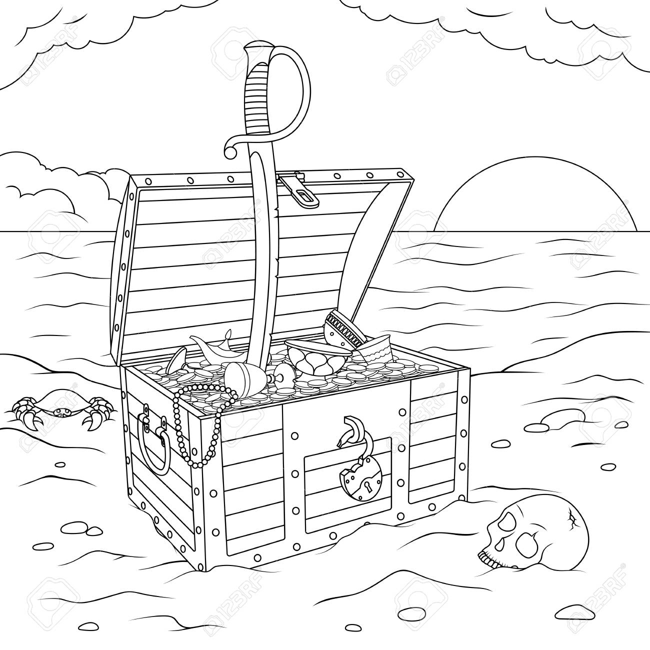 Vector illustration treasure chest standing on the sea shore open coloring royalty free svg cliparts vectors and stock illustration image