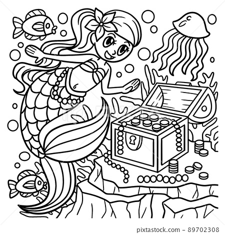 Mermaid with treasure box coloring page
