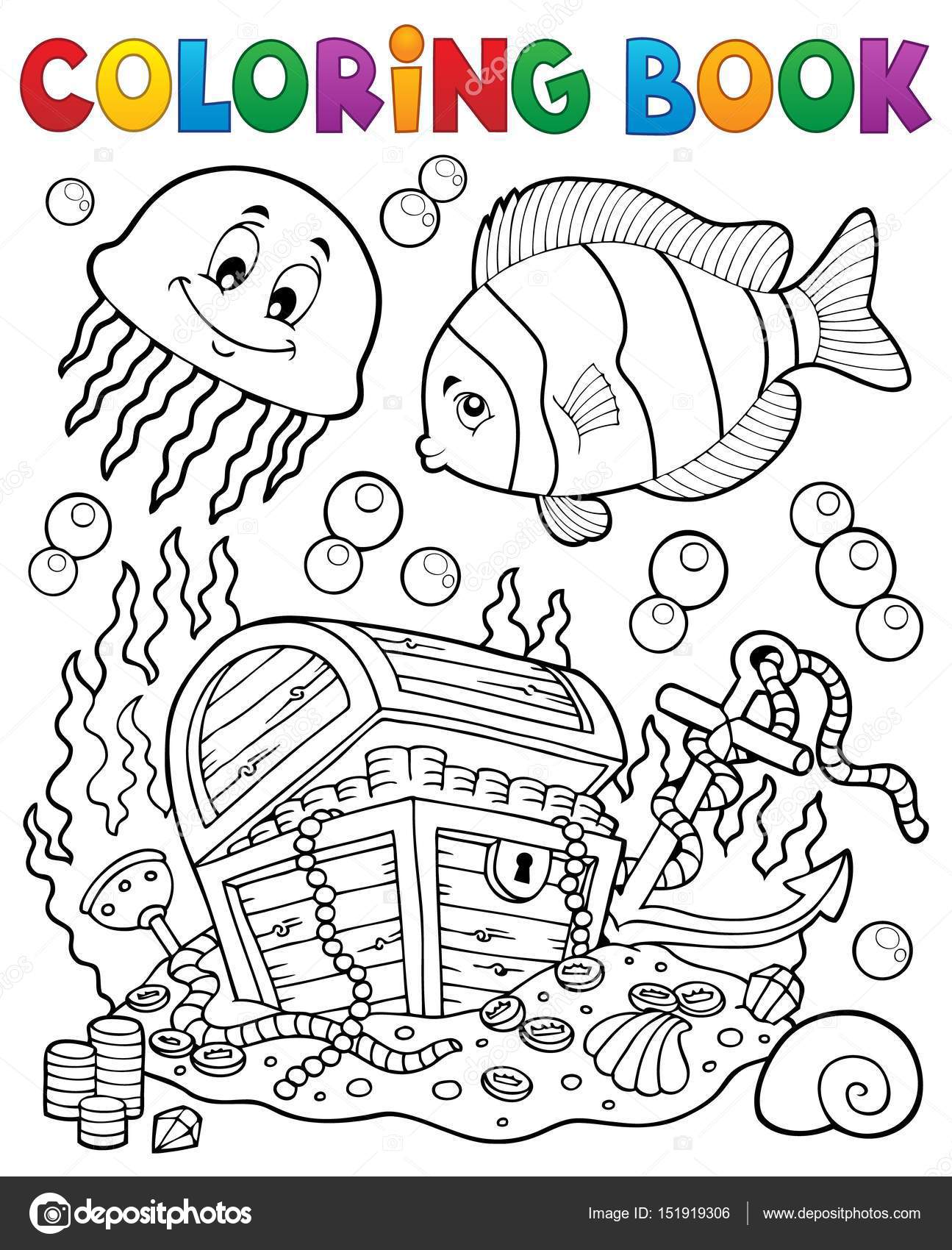 Coloring book treasure chest underwater stock vector by clairev