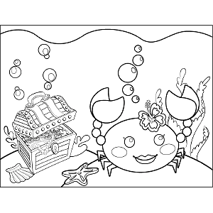 Crab with treasure chest coloring page