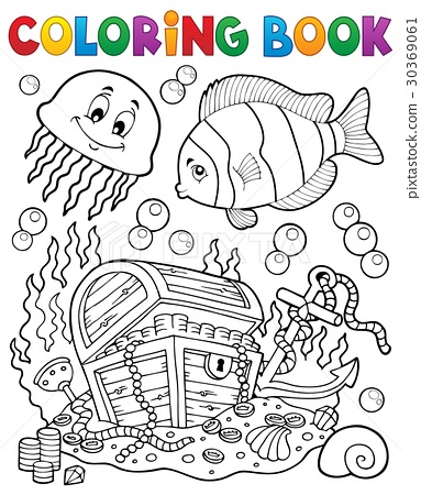 Coloring book treasure chest underwater