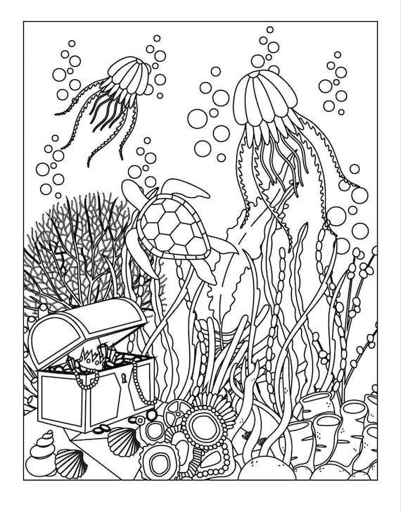 Treasure chest turtle jellyfish coloring page digital download