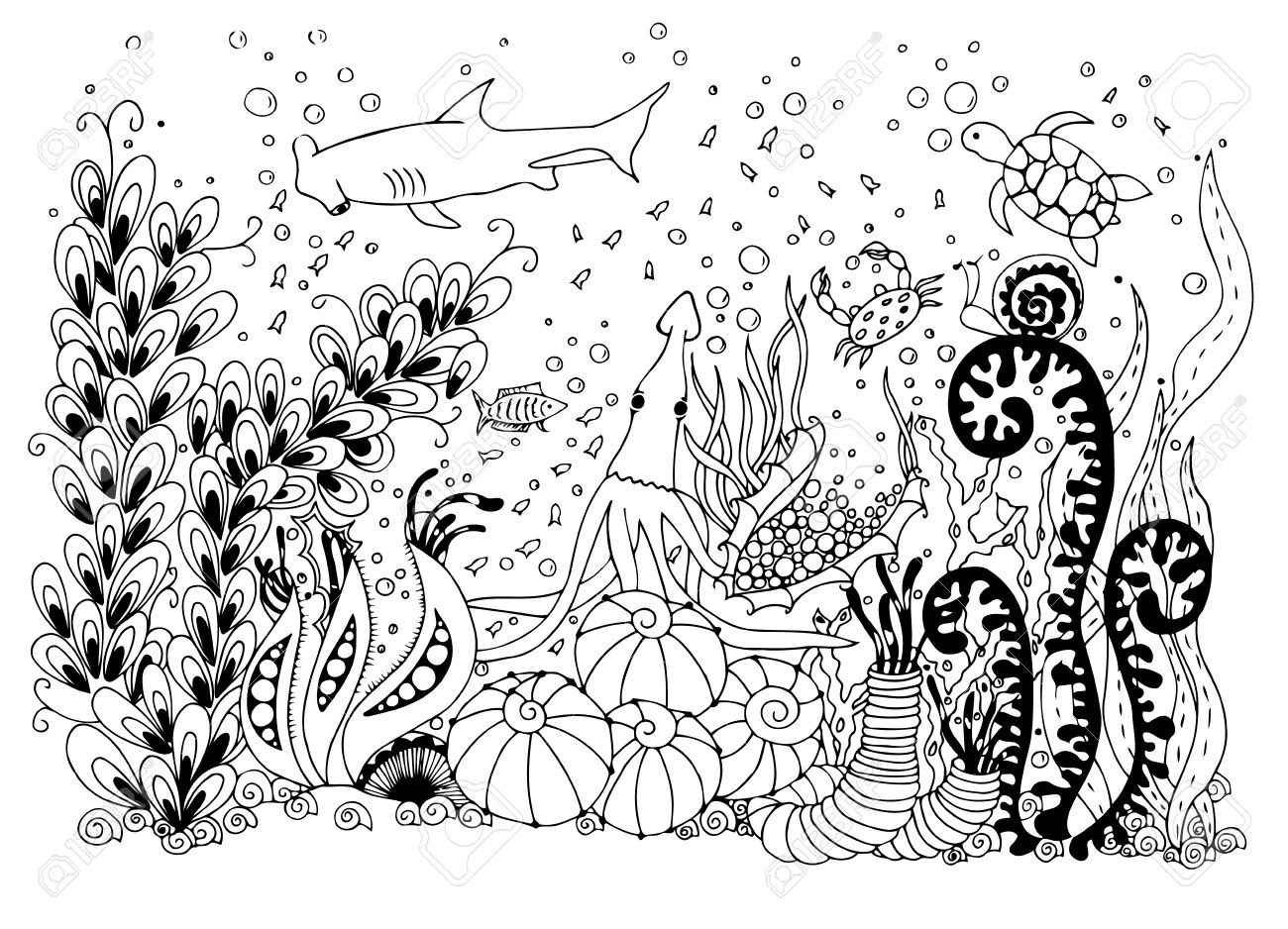 Illustration underwater world doodle sea ocean fairy story a treasure chest adventure coloring book anti stress for adults black and white royalty free svg cliparts vectors and stock illustration image