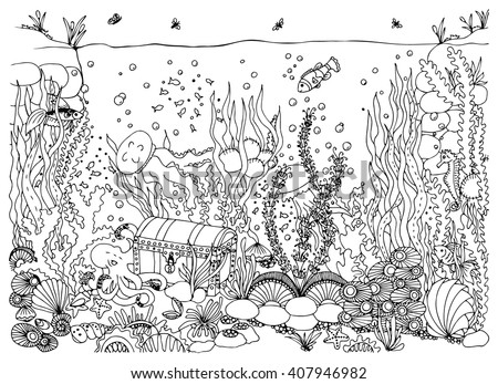 Vector illustration zentangle underwater world doodle sea ocean fairy story a treasure chest adventure coloring book anti stress for adults black and white
