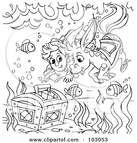 Coloring page outline of a boy and horse swimming to a treasure chest posters art prints by
