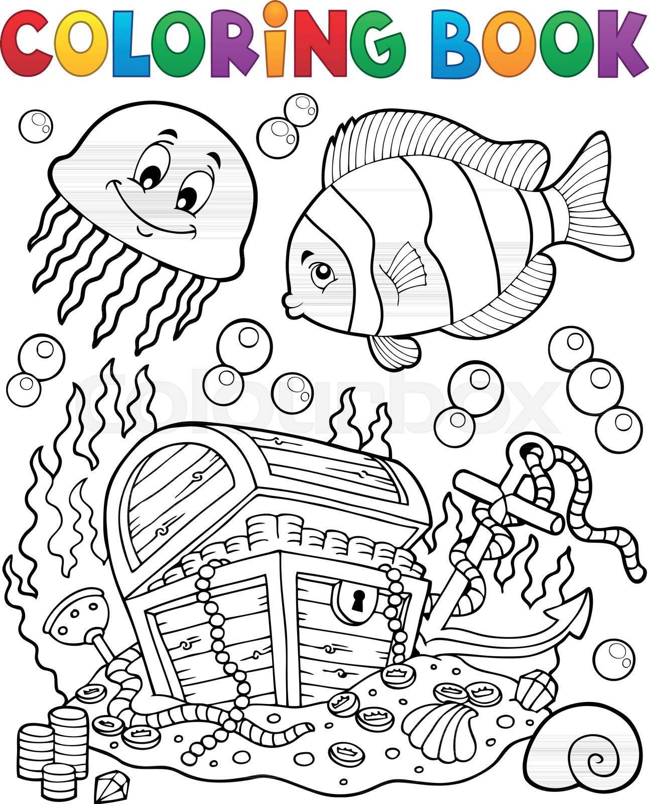 Coloring book treasure chest underwater stock vector