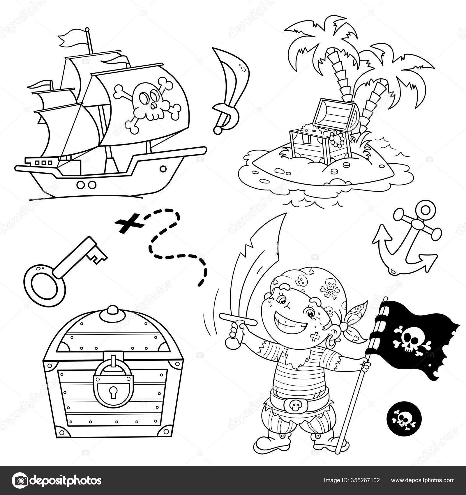 Cartoon set pirate party kids pirate ship skull sea pirate stock vector by oleon