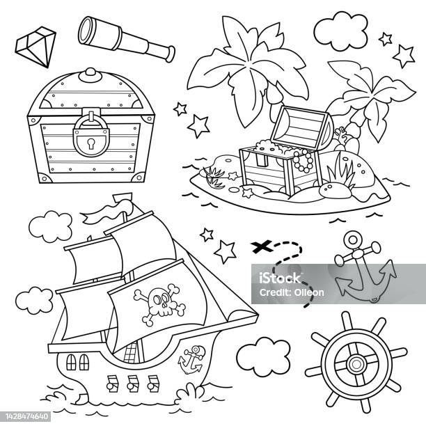 Cartoon set for pirate party for kids pirate ship with skull in sea treasure chest closed