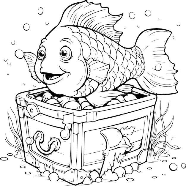 Premium vector a doodle cartoon swimming fish around an open treasure chest
