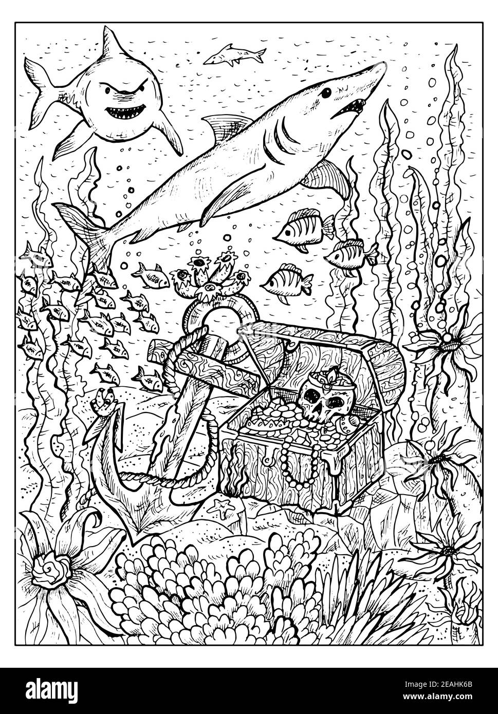Black and white marine illustration with treasure chest on sea bottom sharks and old anchor vector nautical drawings adventure concept coloring bo stock vector image art