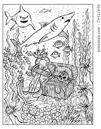 Black and white marine illustration with