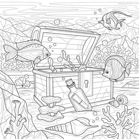 Underwater world chest and fish coloring book antistress for children and adults royalty free svg cliparts vectors and stock illustration image