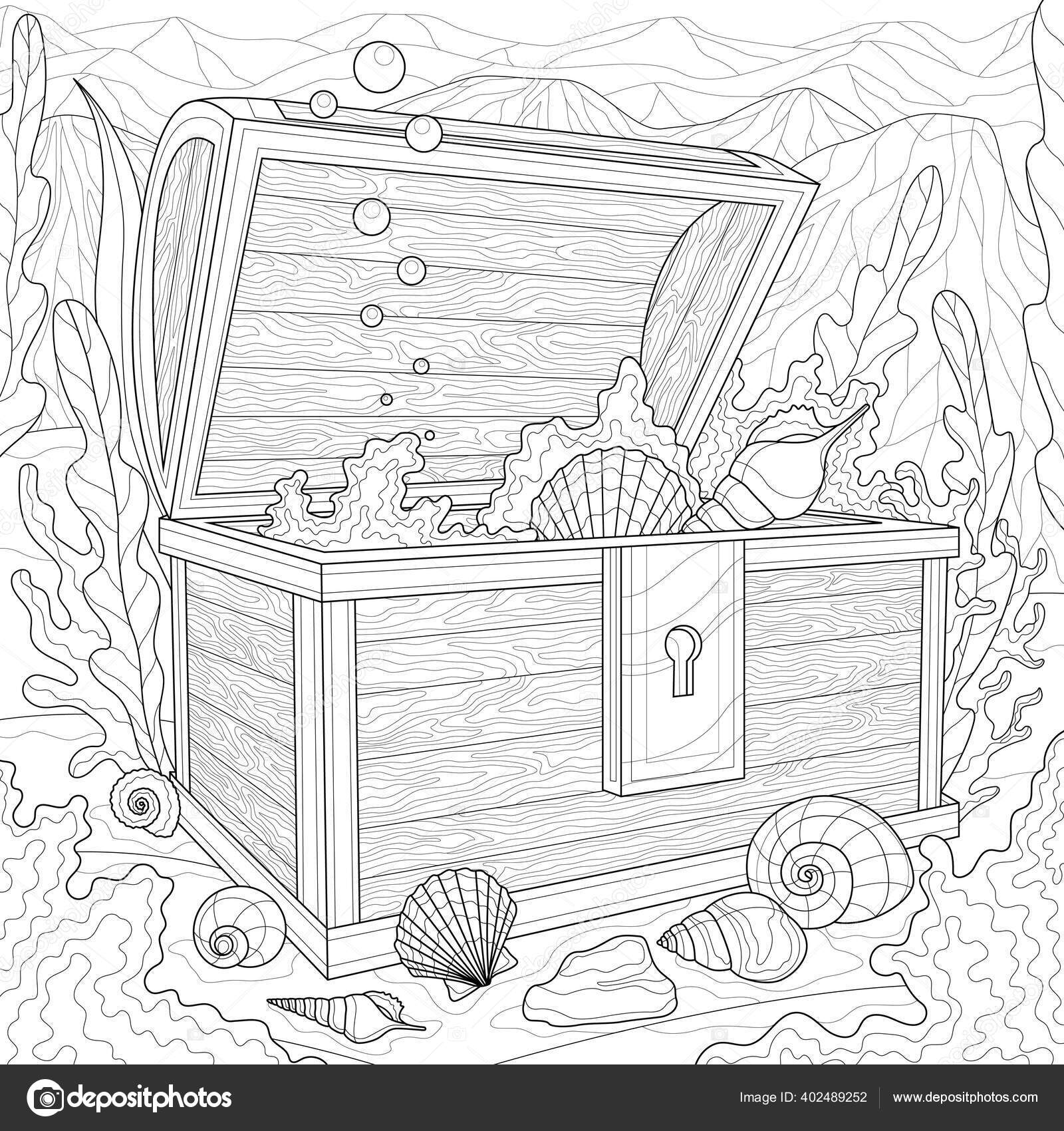 Sea chest shells seaweed undersea world coloring antistress children adults stock vector by vlasenkoekaterinkagmail