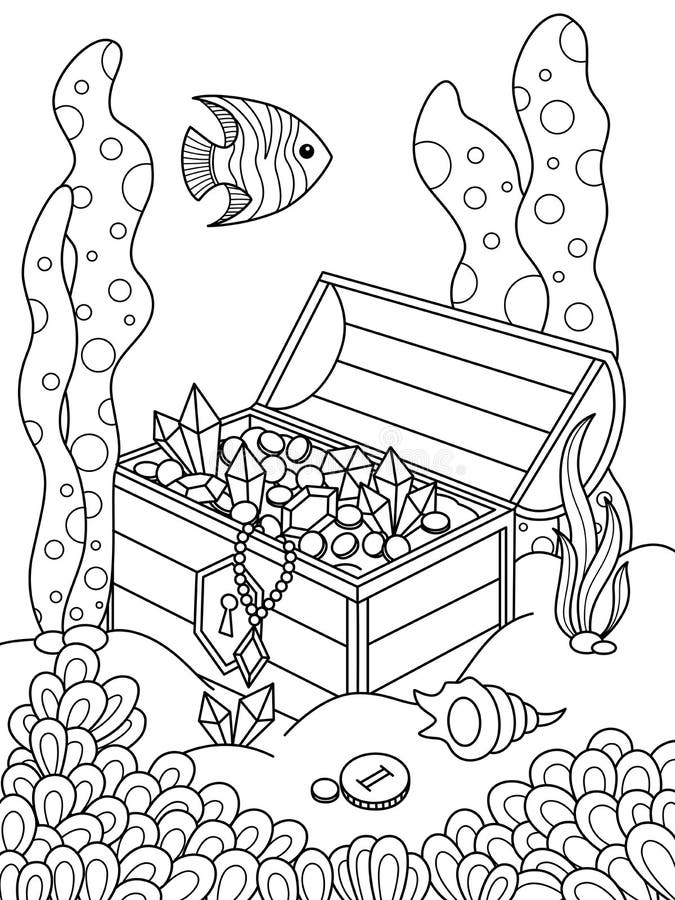 Sea doodle coloring book page sunken treasure stock illustration