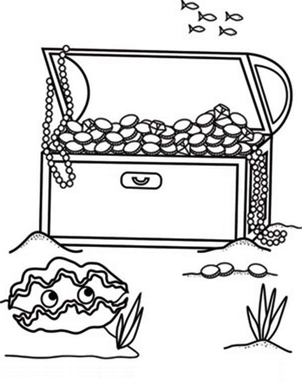 An opened treasure chest in the bottom of the sea coloring page kids play color