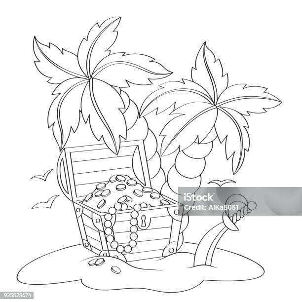 Pirates treasure chest on deserted beach with palm trees black and white vector illustration for coloring book stock illustration