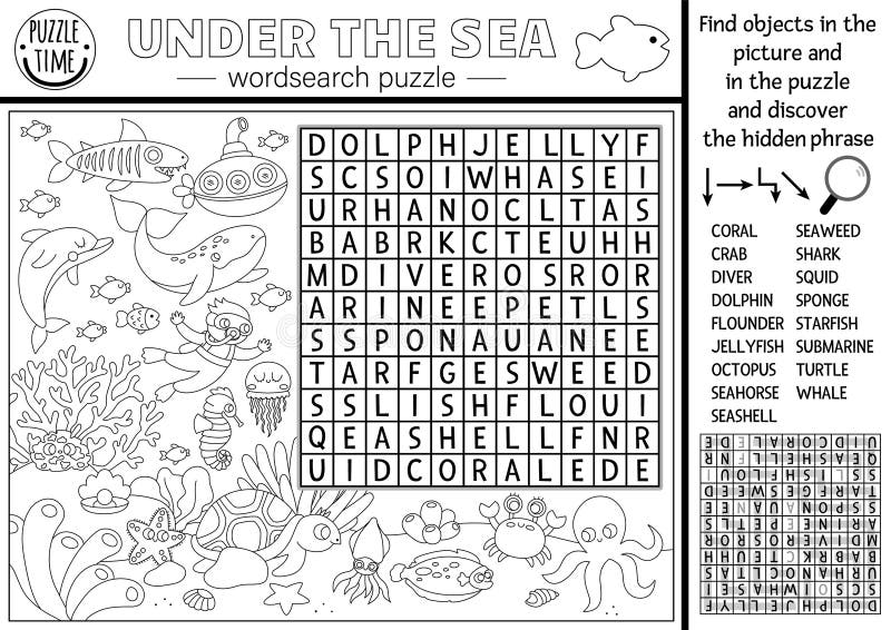 Vector black and white under the sea word search puzzle for kids simple ocean life line word search quiz for children stock vector