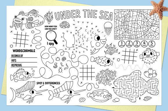 Under the sea activity placemats education illustrations creative market