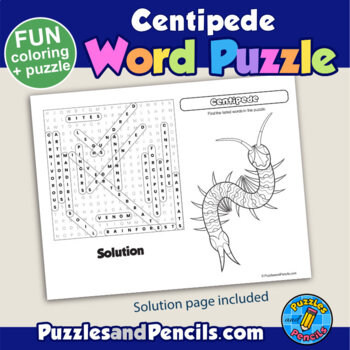 Centipede word search puzzle and coloring activity page by puzzles and pencils