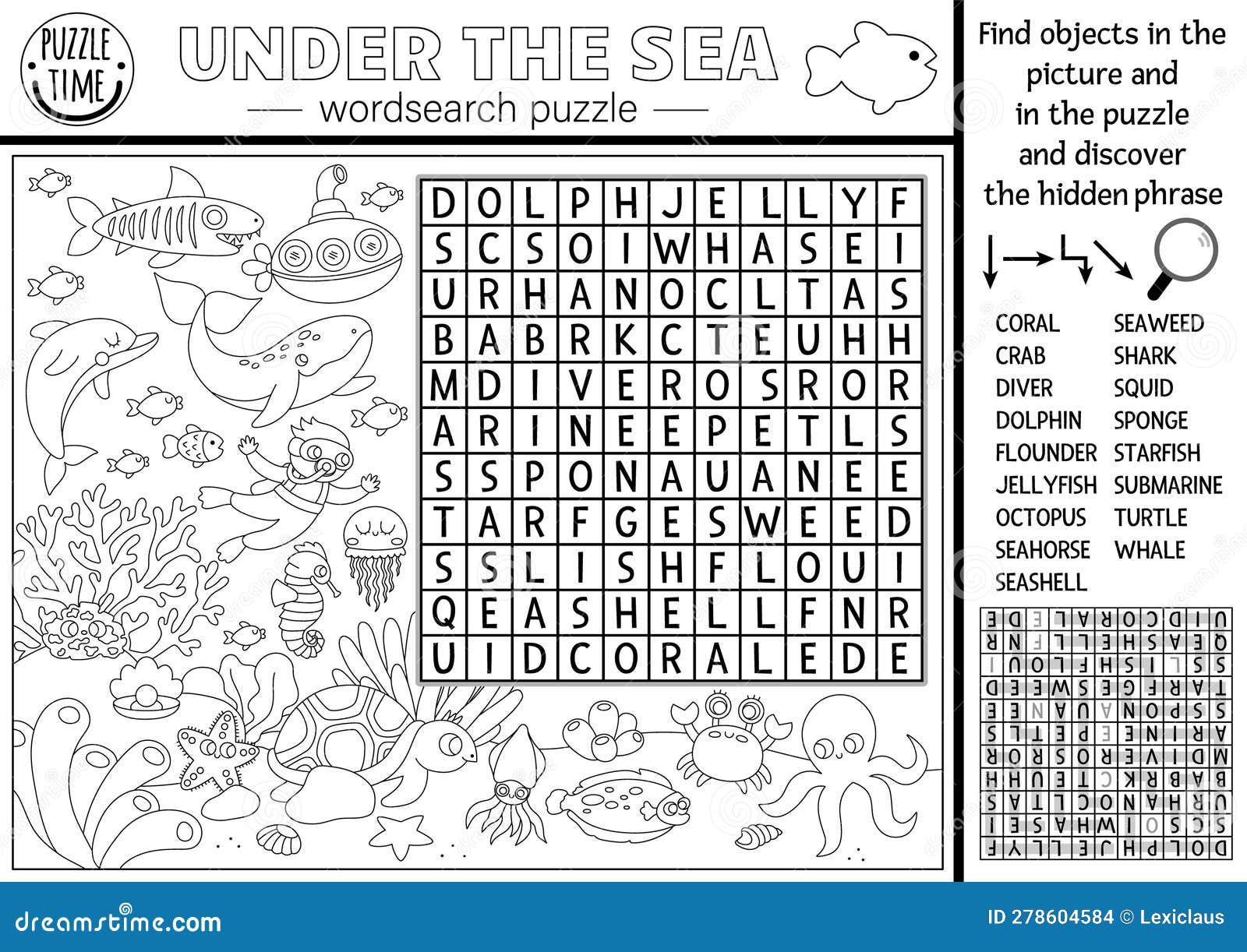 Vector black and white under the sea word search puzzle for kids simple ocean life line word search quiz for children stock vector