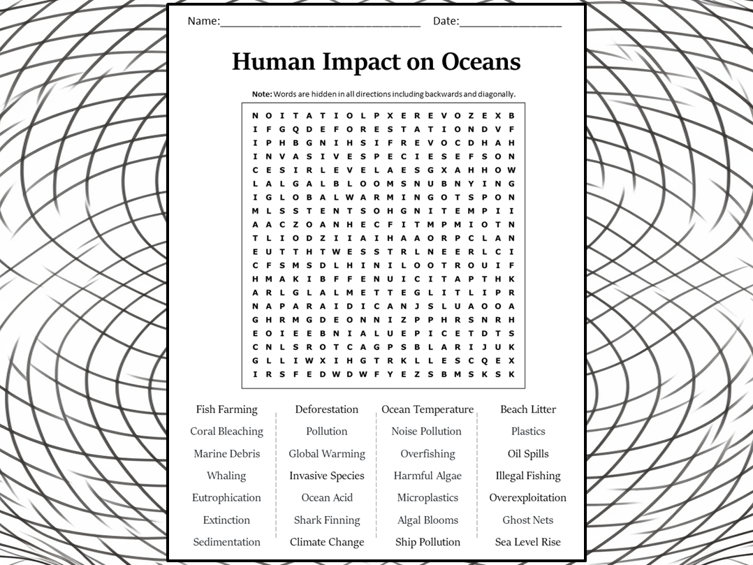 Human impact on oceans word search puzzle worksheet activity teaching resources